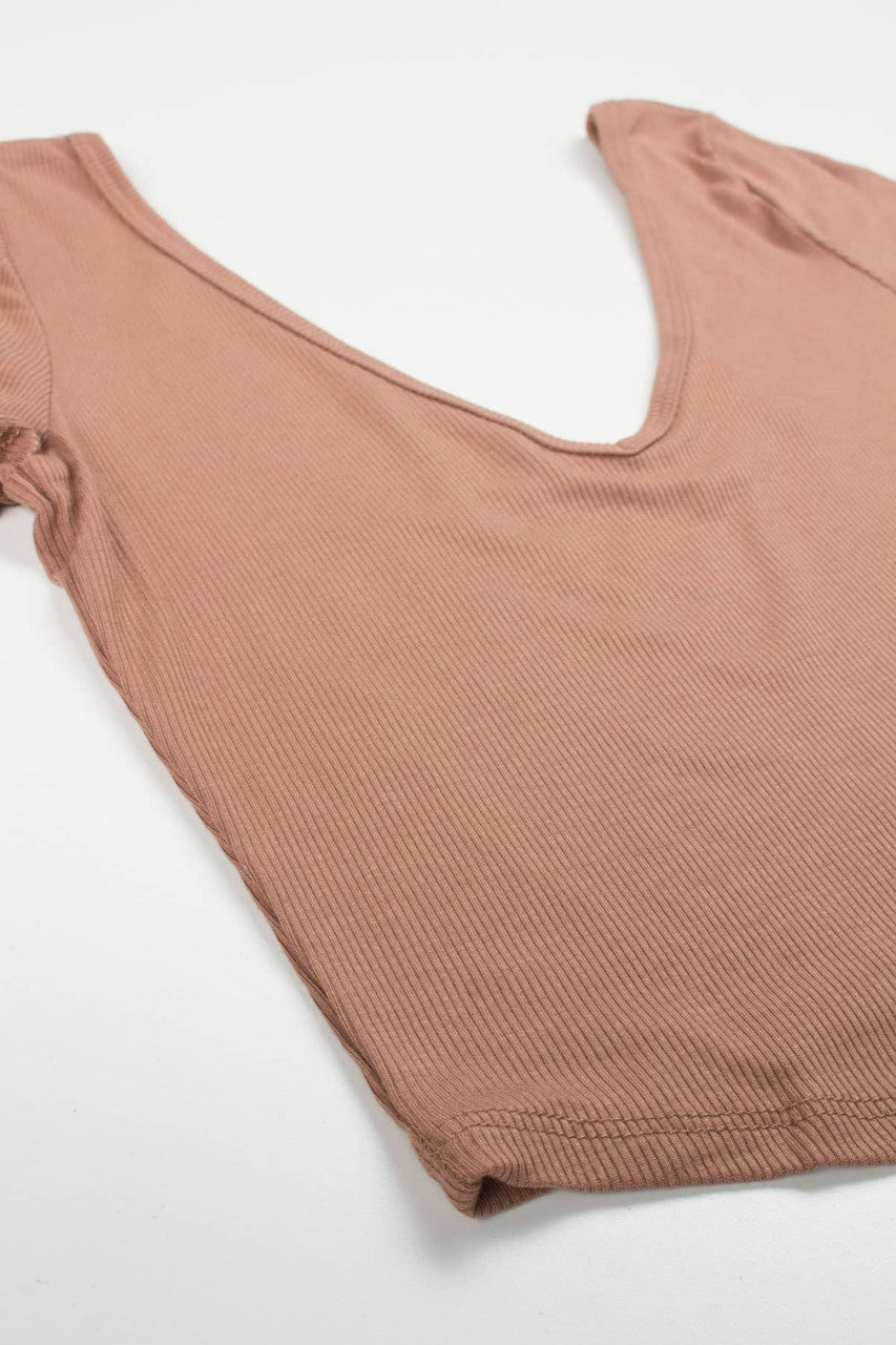 Hazelnut Ribbed Double V Neck Tee
