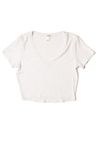 Extended Sizes White Ribbed V Neck Crop Tee