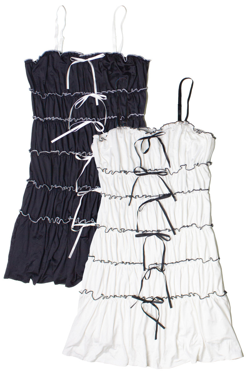 Contrast Stitch Ribbon Bow Tiered Mini Dress
