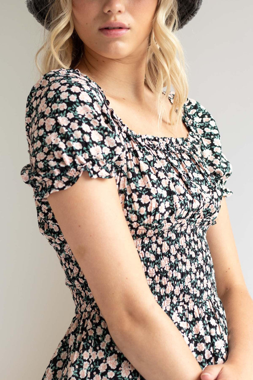 Rose Floral Print Smocked Waist Romper