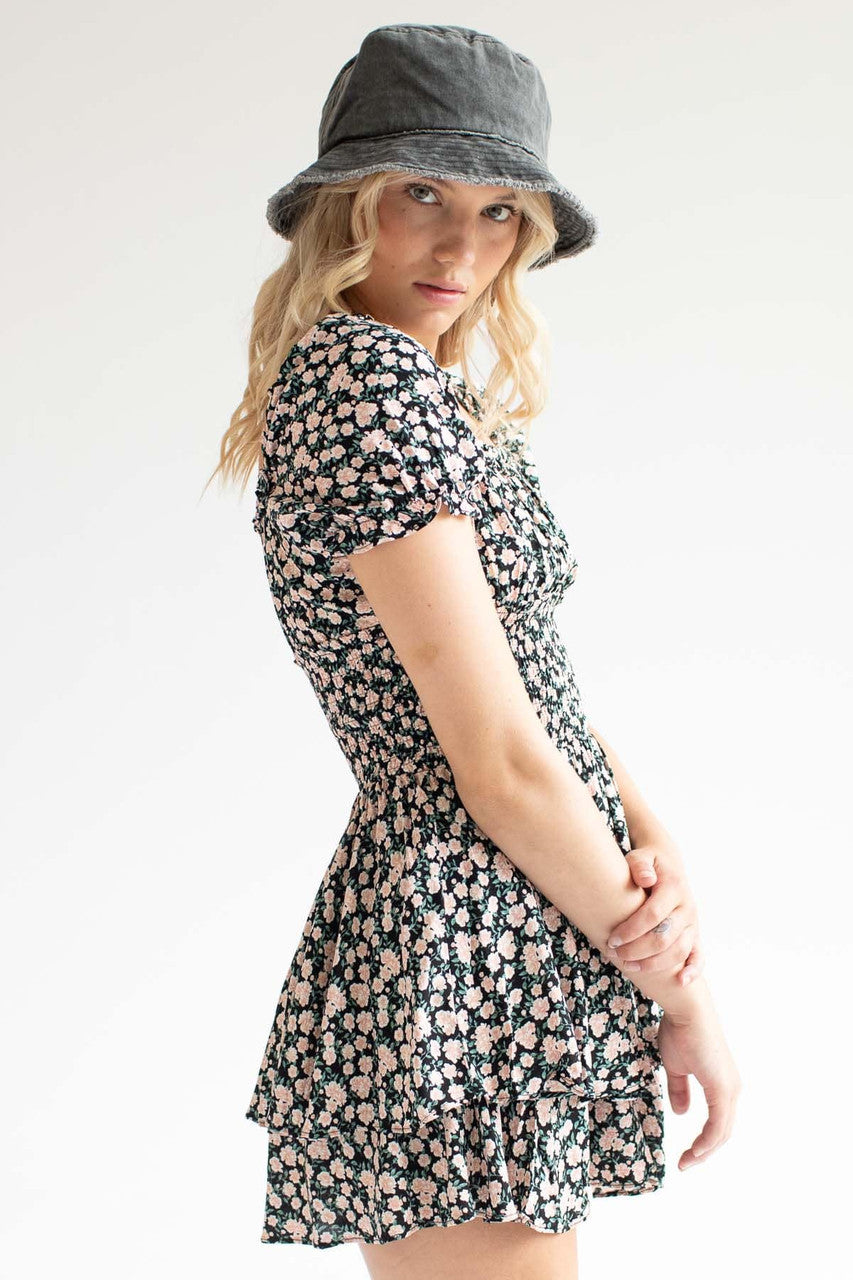 Rose Floral Print Smocked Waist Romper