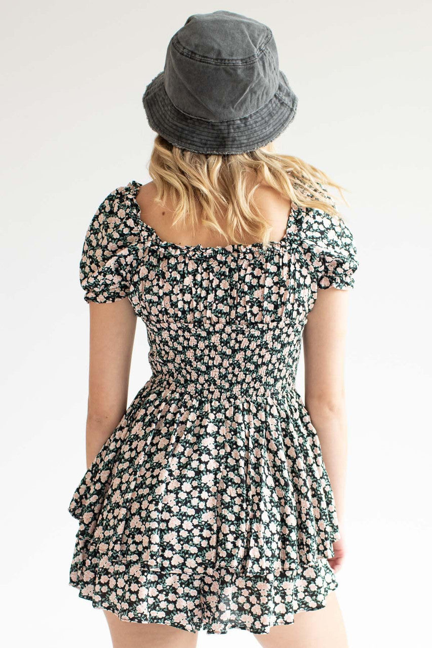 Rose Floral Print Smocked Waist Romper