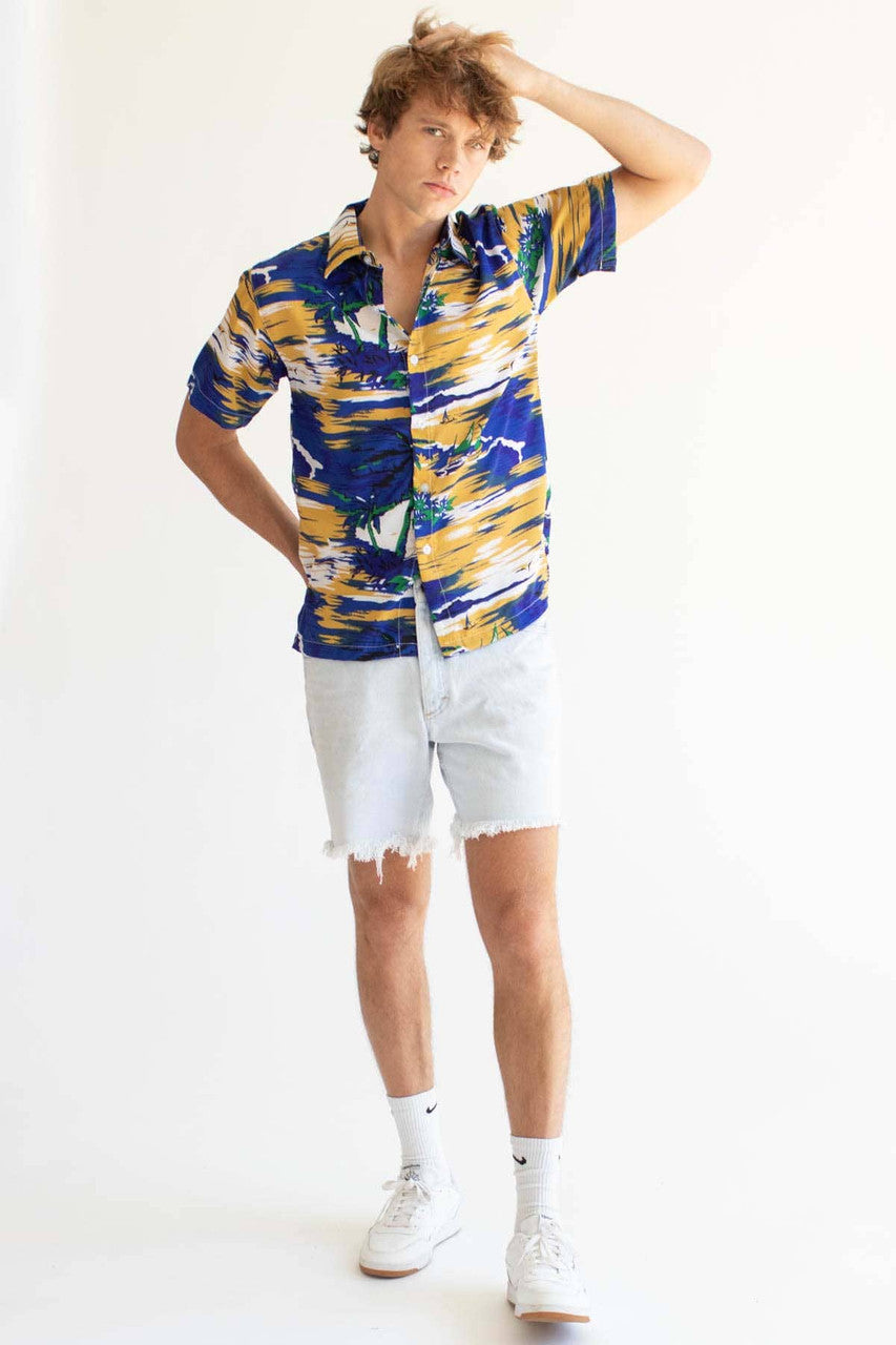 Blue & Mustard Beach Scene Hawaiian Shirt