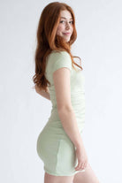 Sage Button Down Ruched Shirt Dress