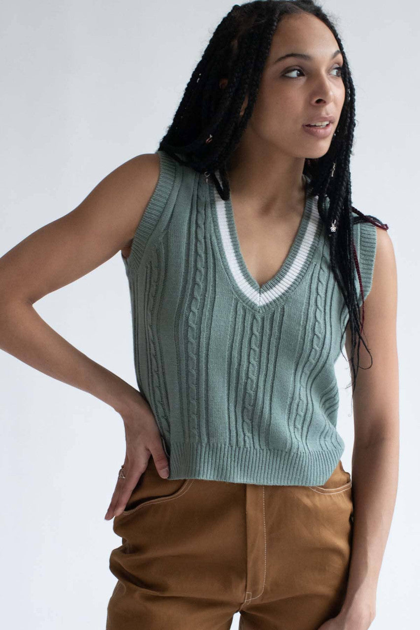 Sage Cable Tipped Sweater Vest