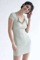 Sage Notched Neck Striped Mini Dress
