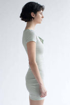 Sage Notched Neck Striped Mini Dress