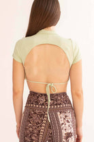 Sage Open Tie Back Mock Neck Tee