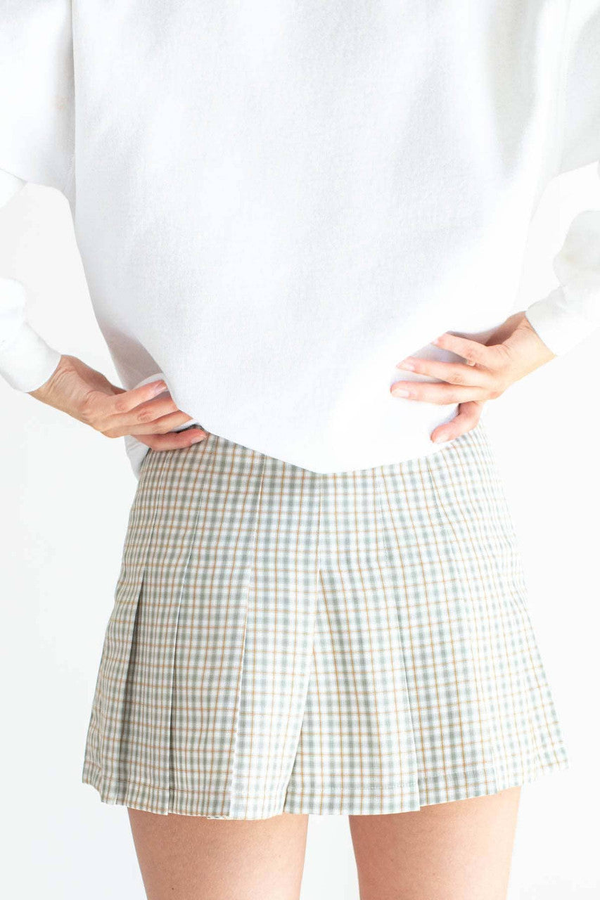 Sage Plaid Hidden Short Pleated Skirt