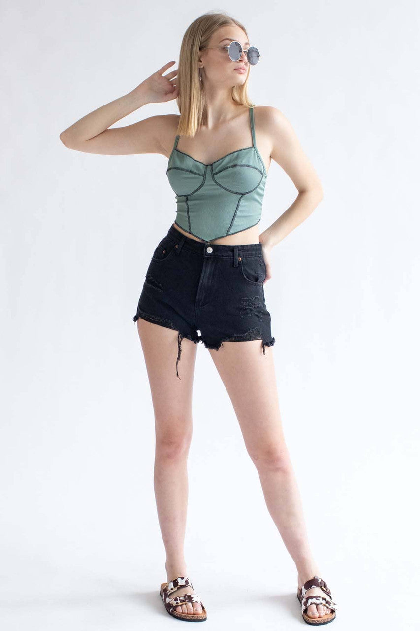 Sage Ribbed Contrast Seam Bustier Cami