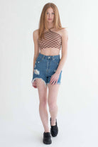 Salmon Pink Checkered Seamless Y Neck Crop Cami