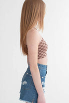 Salmon Pink Checkered Seamless Y Neck Crop Cami