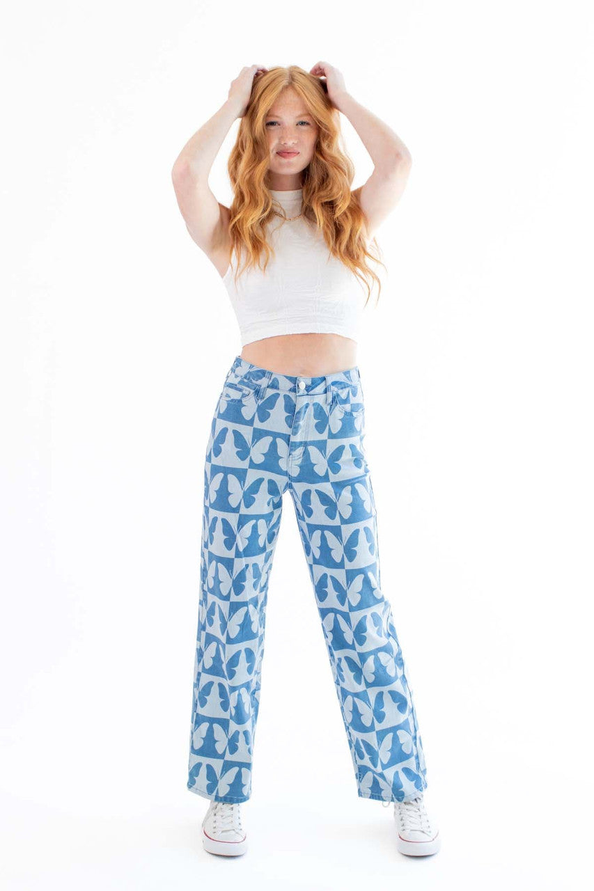 Checkered Butterfly Print Jeans