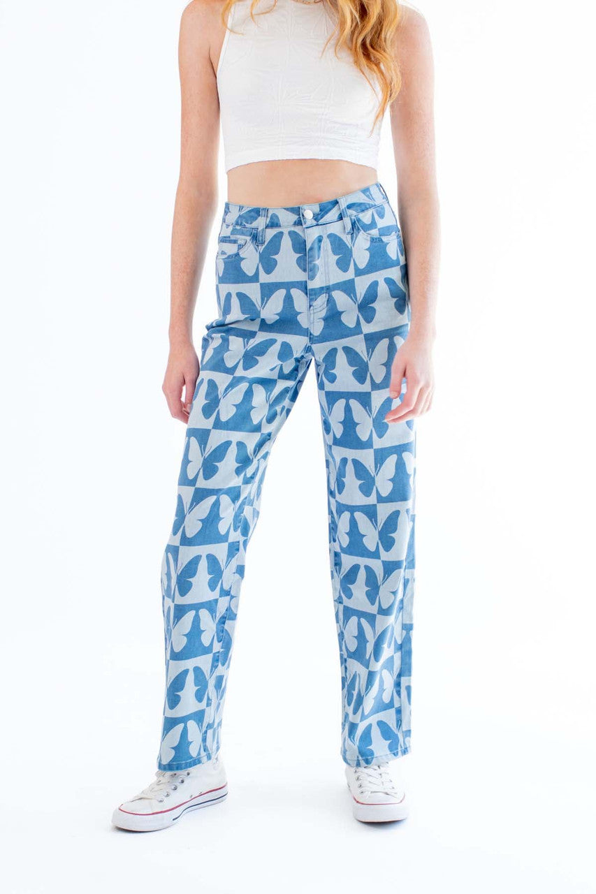 Checkered Butterfly Print Jeans