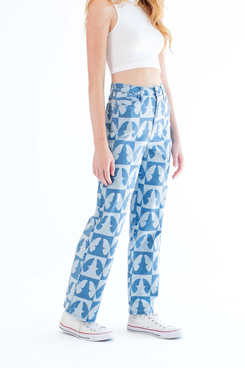 Checkered Butterfly Print Jeans