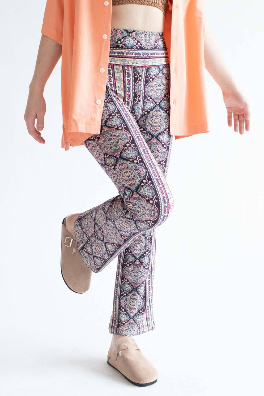 Sepia Navy Floral Border Print Bell Bottoms