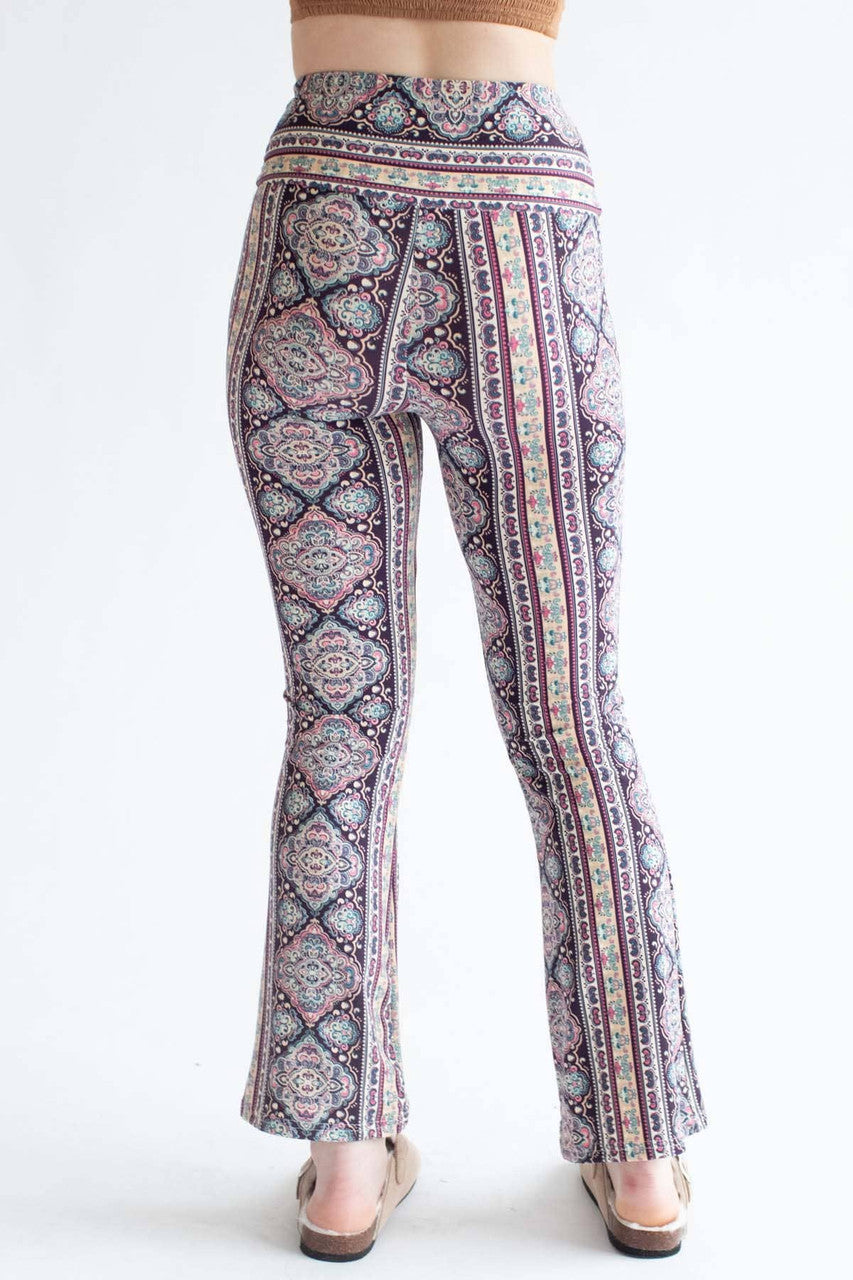 Sepia Navy Floral Border Print Bell Bottoms