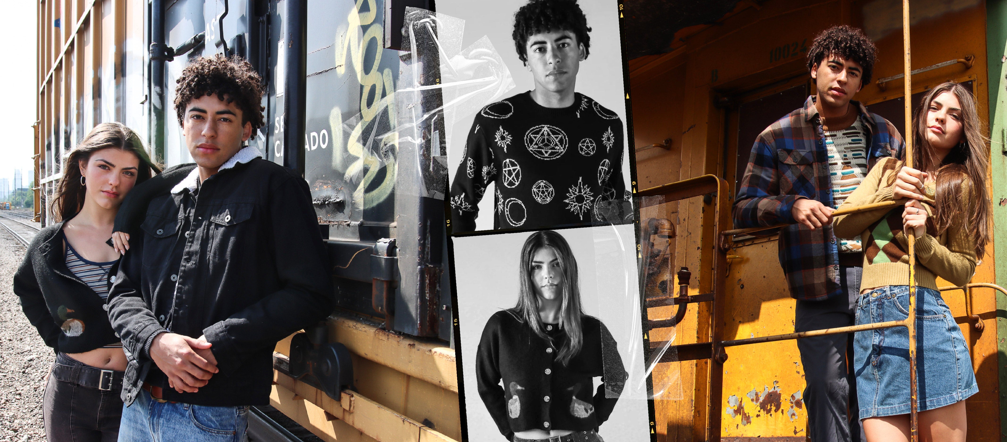 male and female models wearing trendy fall new and vintage clothing