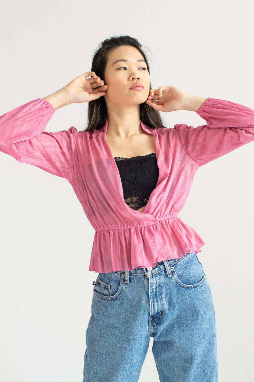 Sheer Pink Striped Wrap Blouse