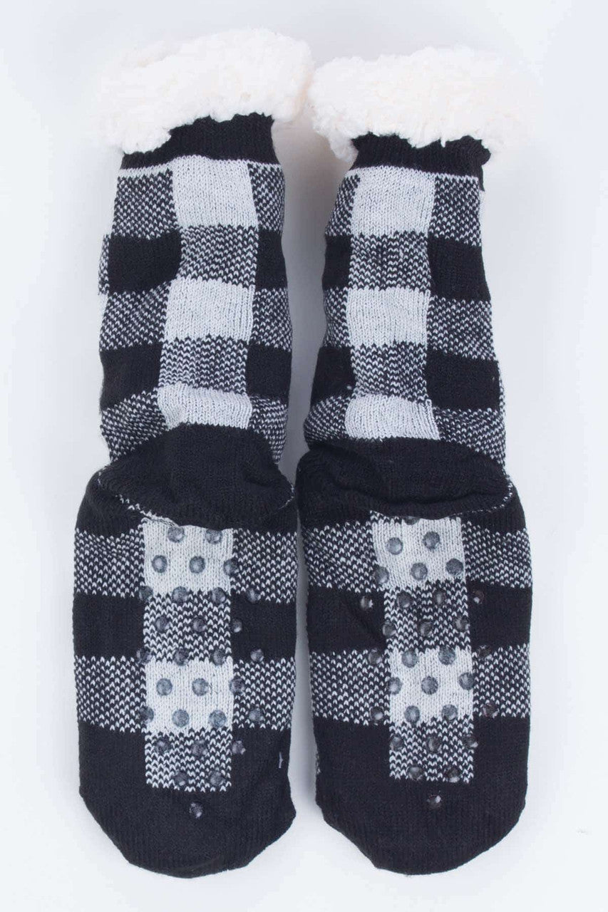 Black Plaid Sherpa Lined Socks