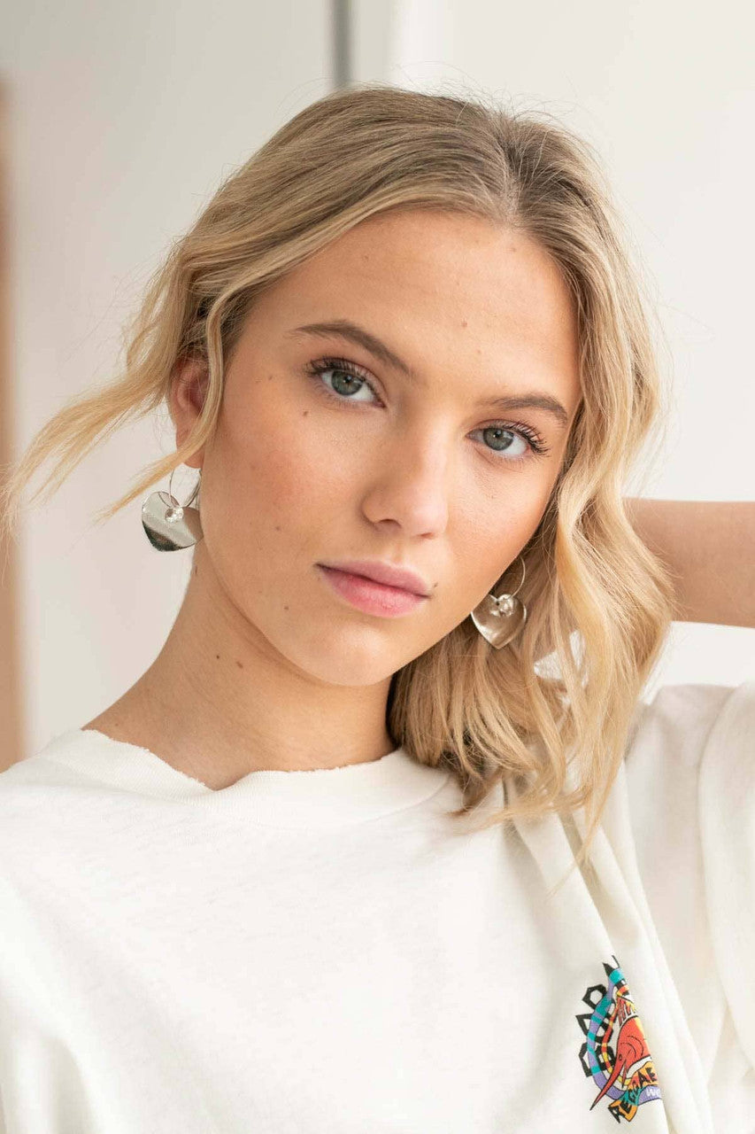 Silver Drop Heart Hoop Earrings