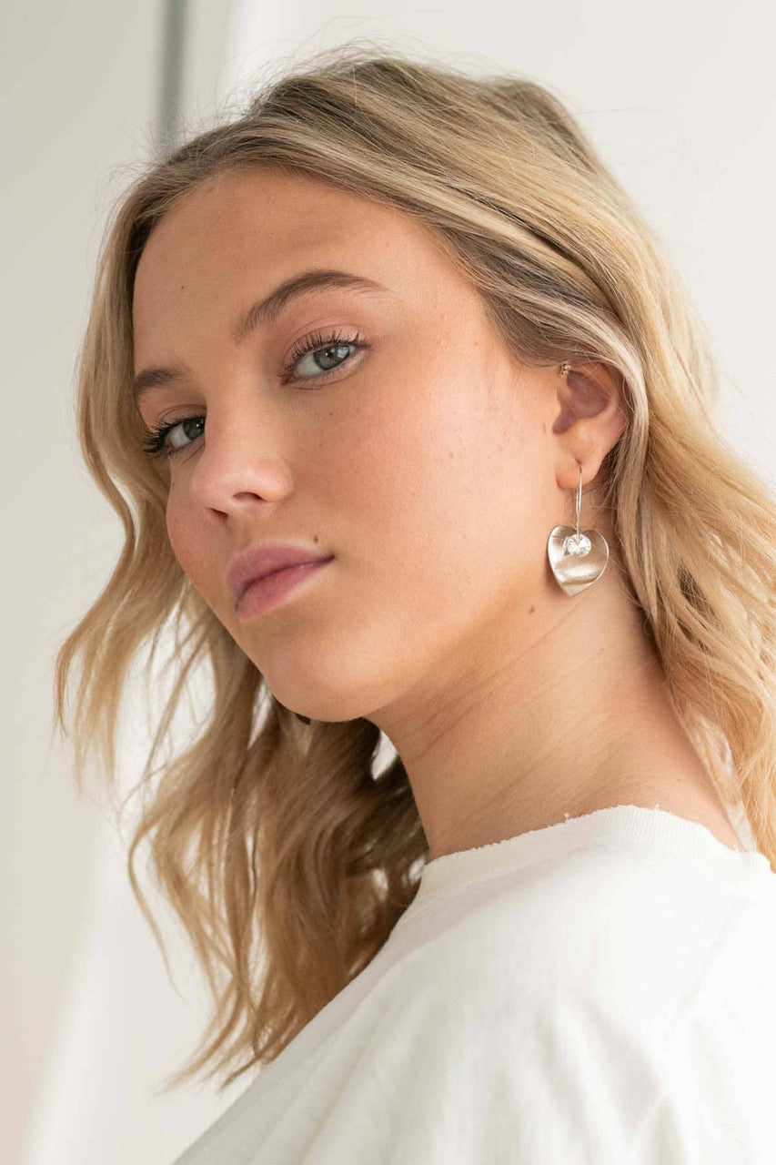 Silver Drop Heart Hoop Earrings
