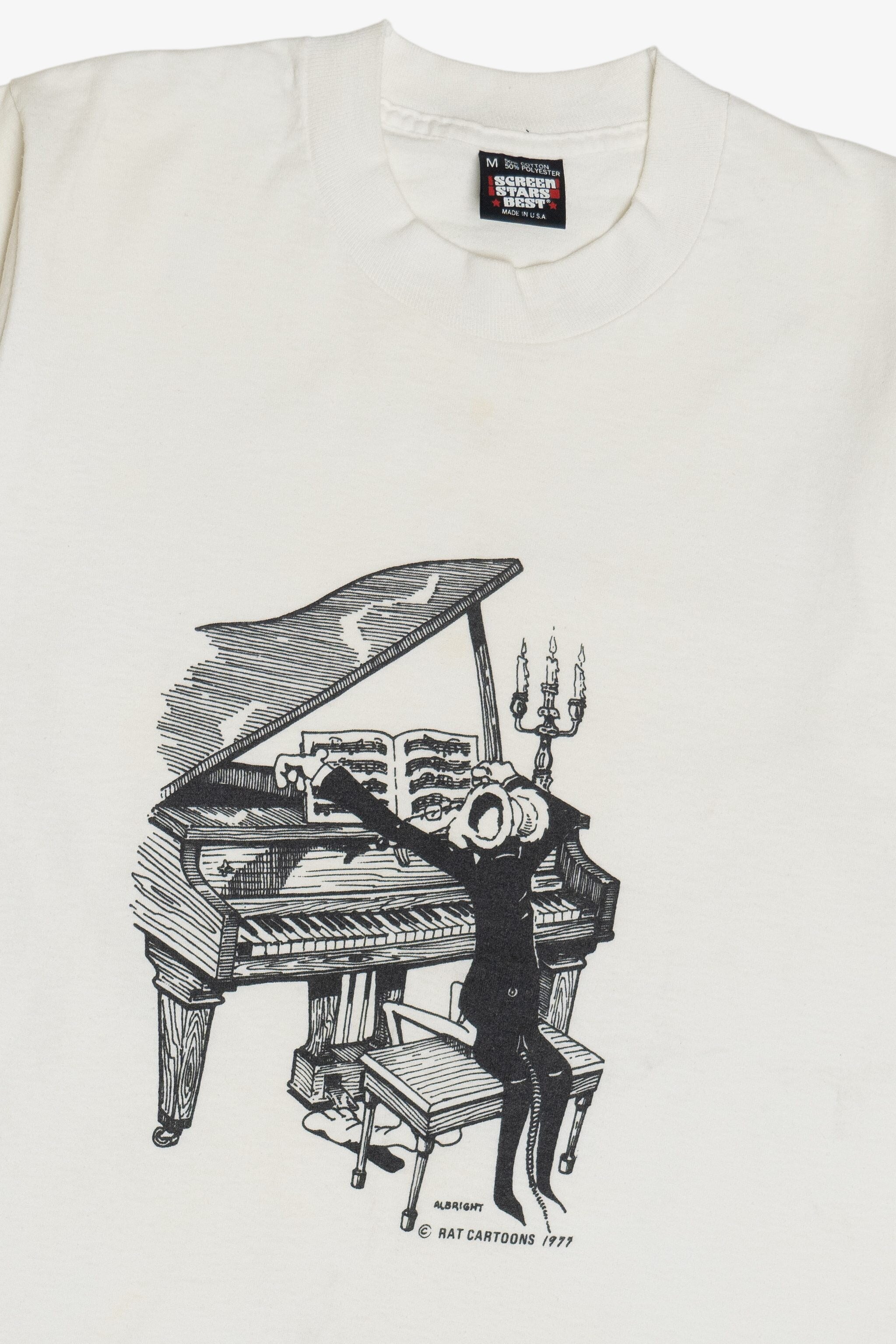Vintage Albright Rat Cartoon Playing Piano Single Stitch T-Shirt (1990s)