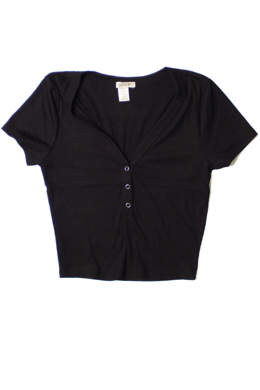 Black Deep V Ribbed Snap