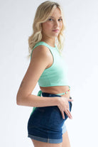 Split Color Blocked Denim Shorts