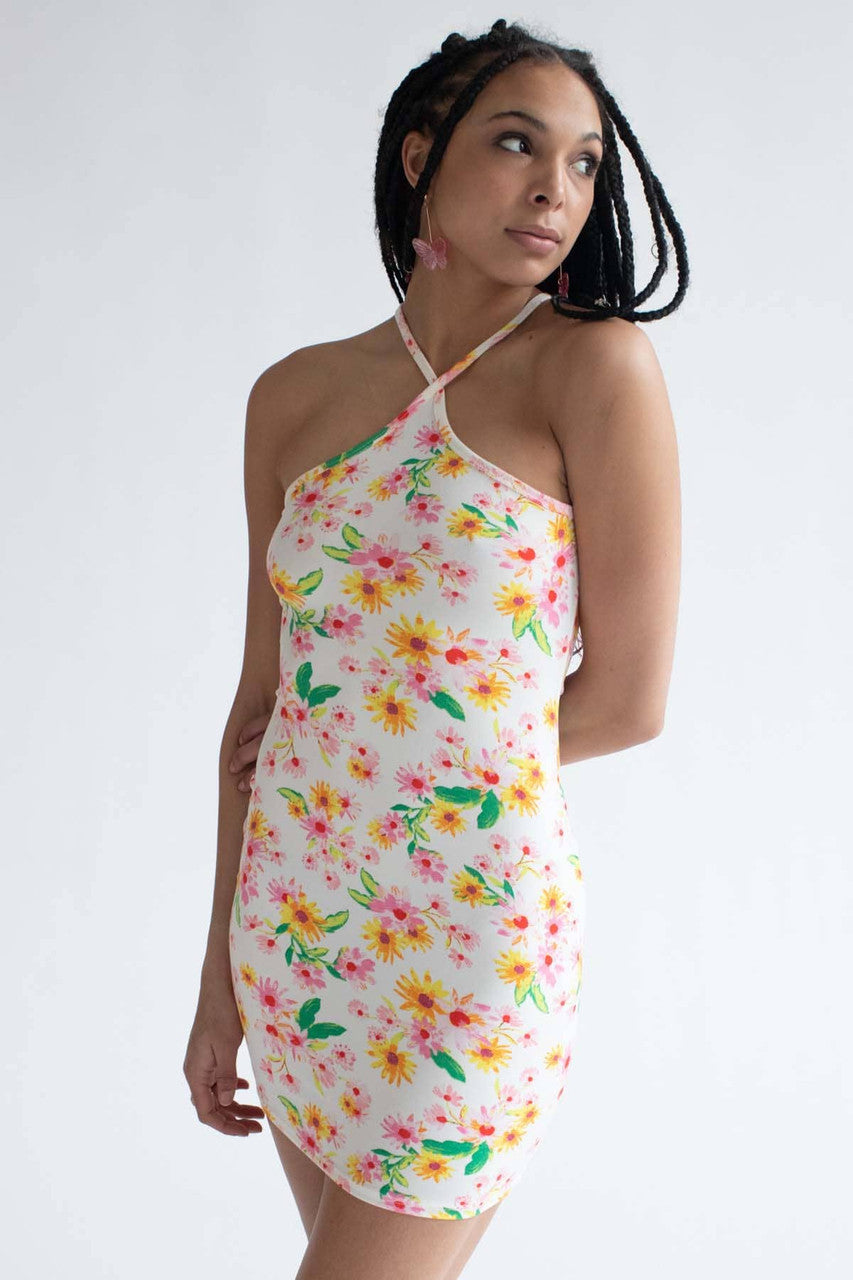 Spring Flower Cross Strap Mini Dress