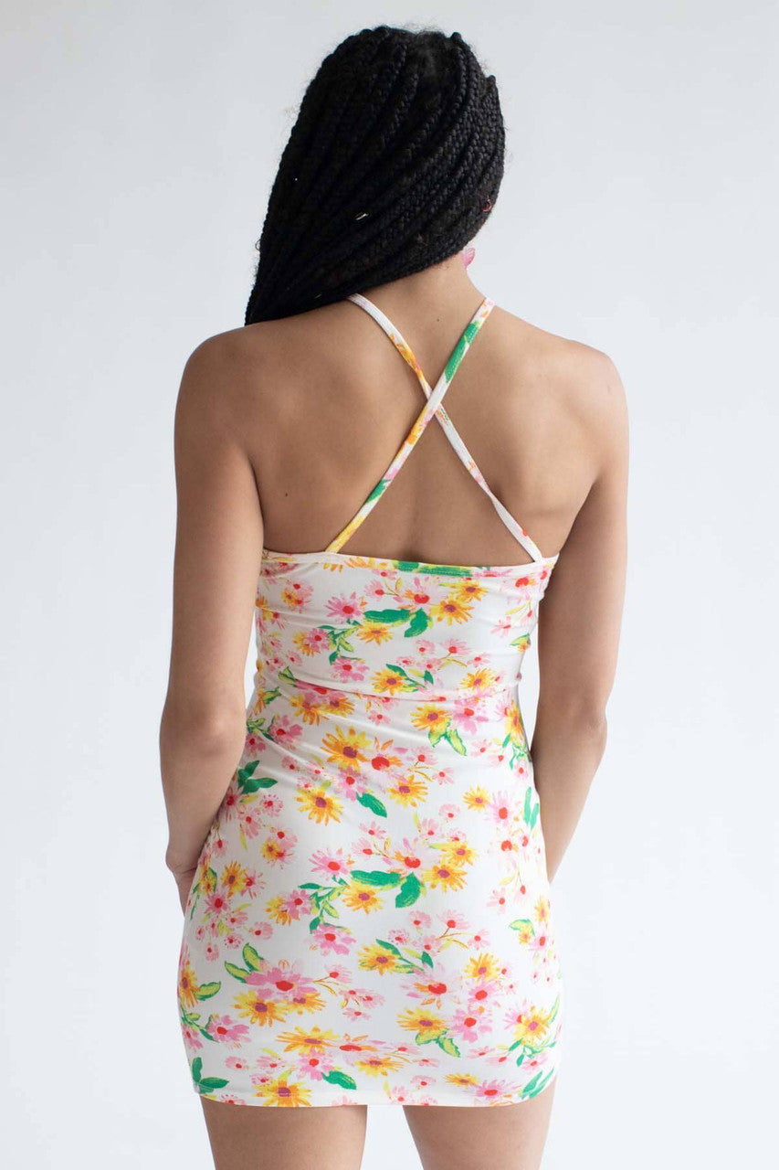 Spring Flower Cross Strap Mini Dress