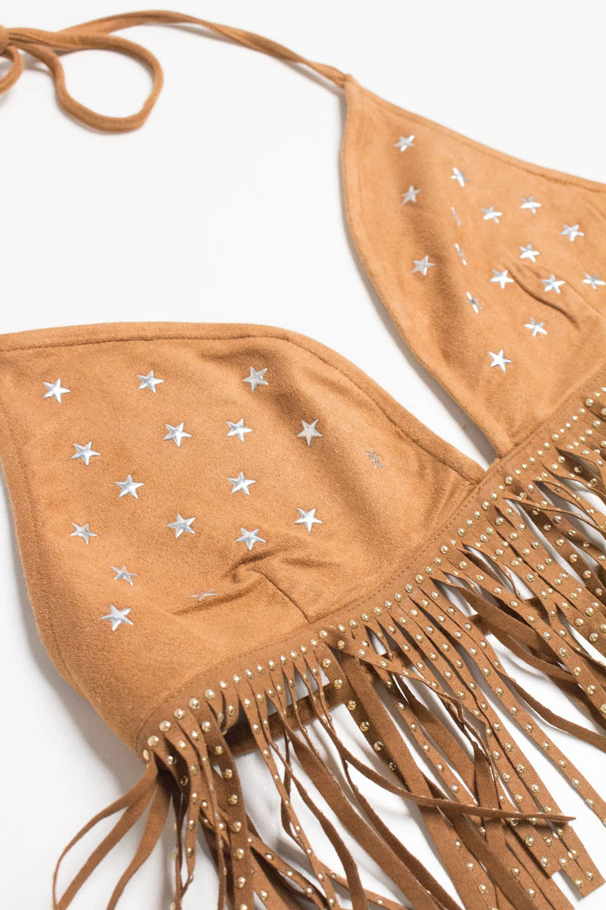 Star Studded Fringe Suede String Bikini Top