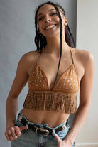 Star Studded Fringe Suede String Bikini Top