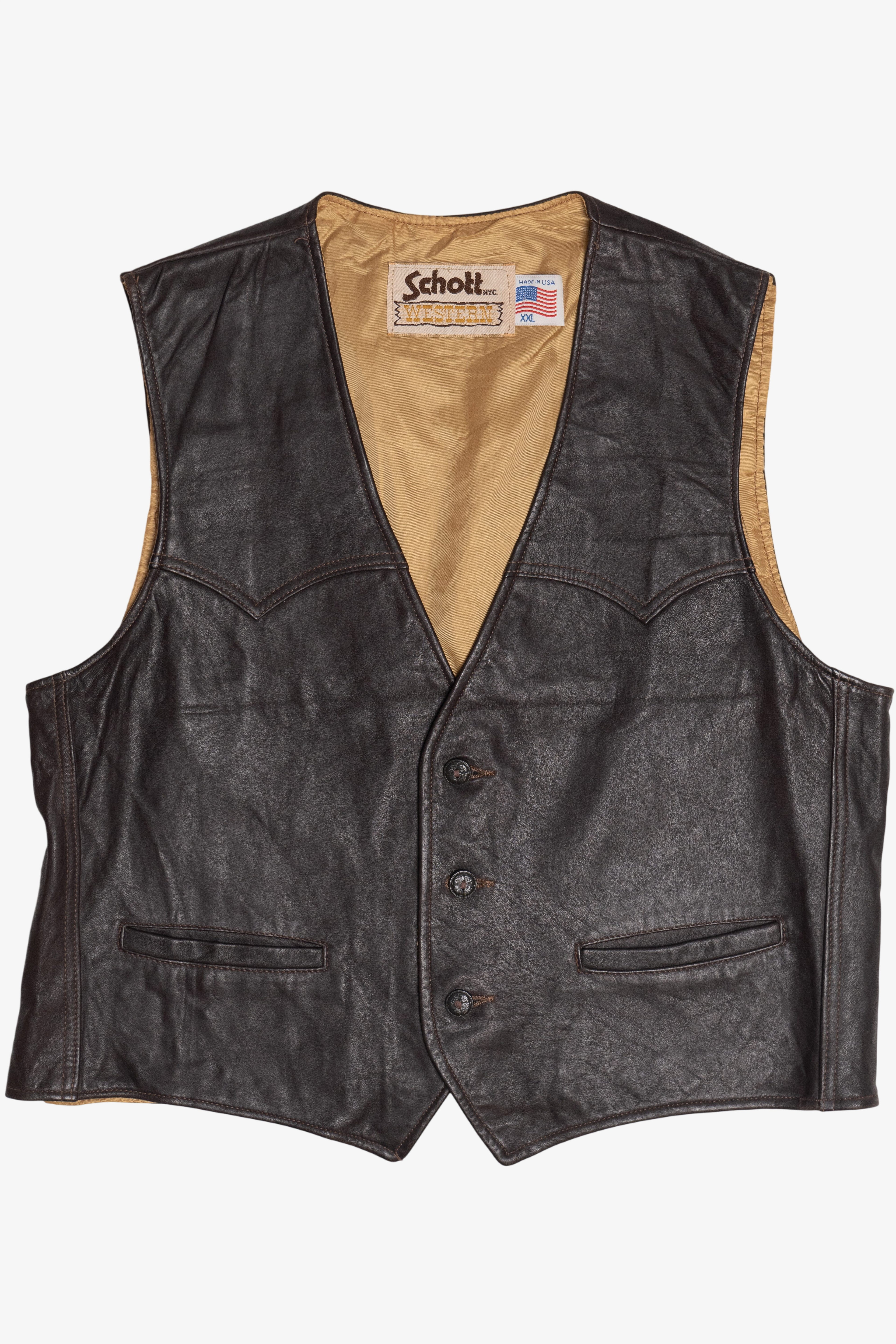 Vintage Schott Western Rancher Dark Brown Leather Vest (1980s)