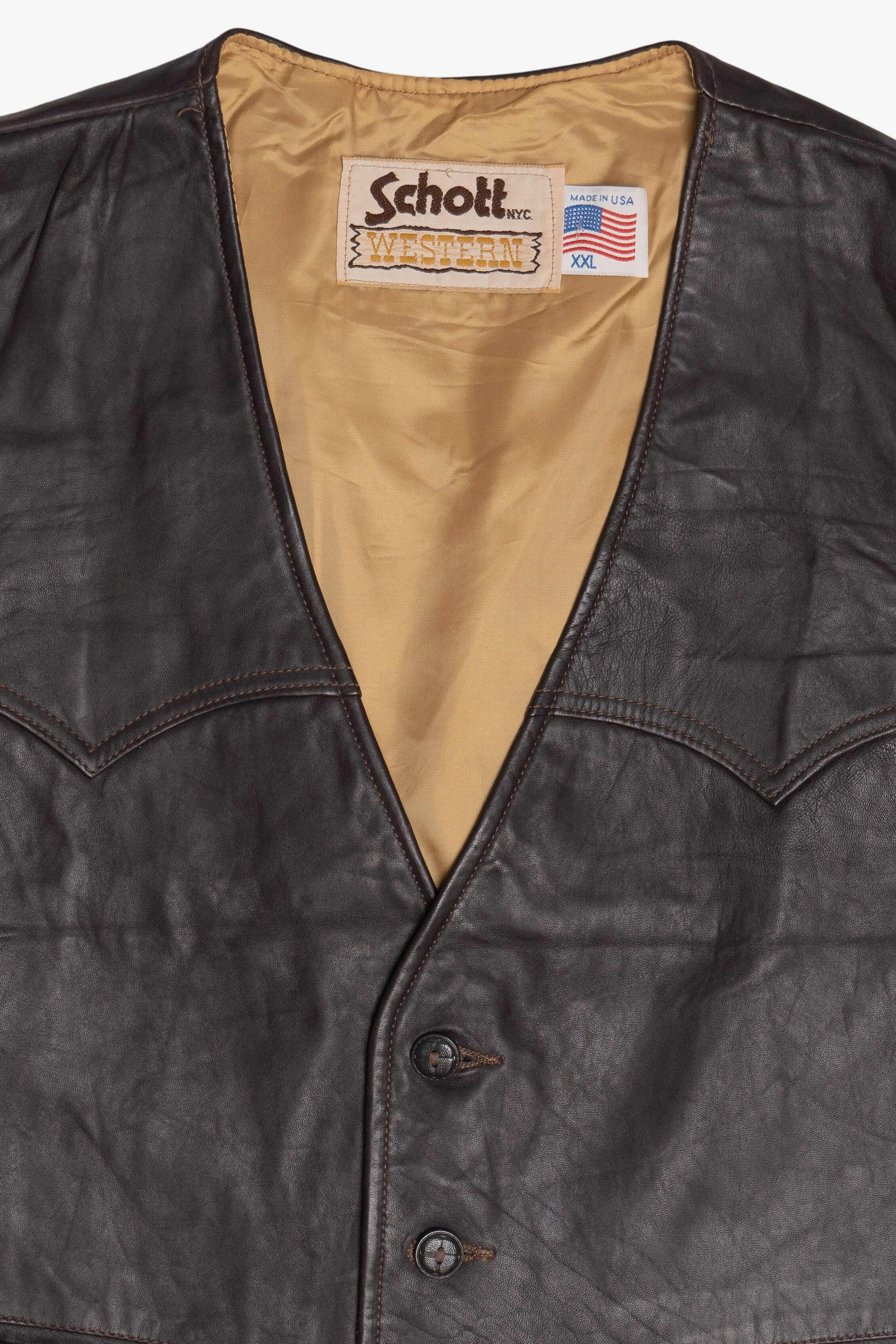 Vintage Schott Western Rancher Dark Brown Leather Vest (1980s)