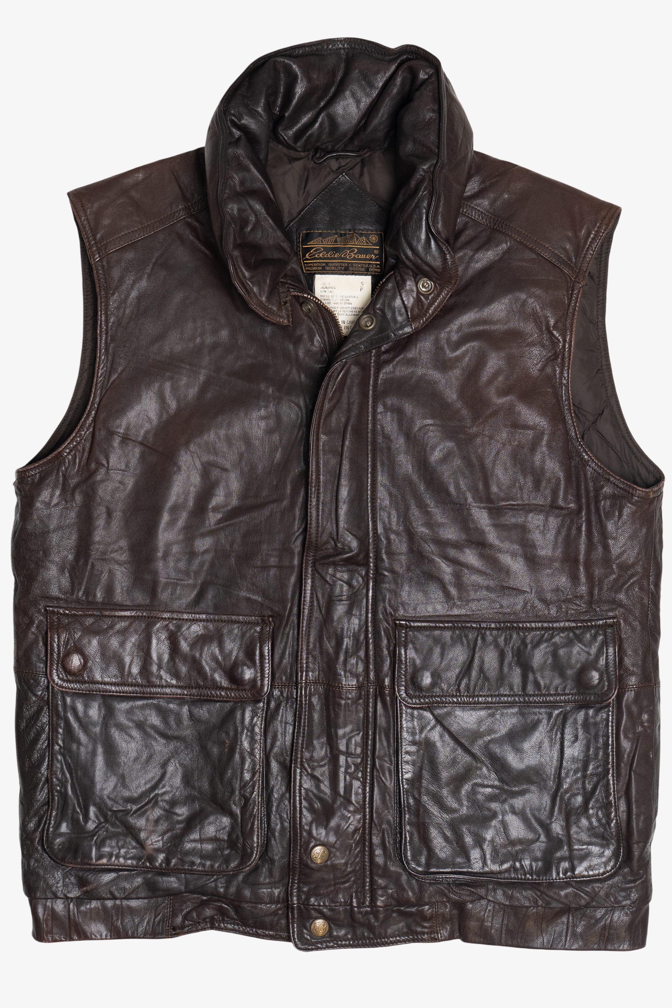 Vintage Dark Brown Eddie Bauer Goose Down Leather Motorcycle Vest (1990s)