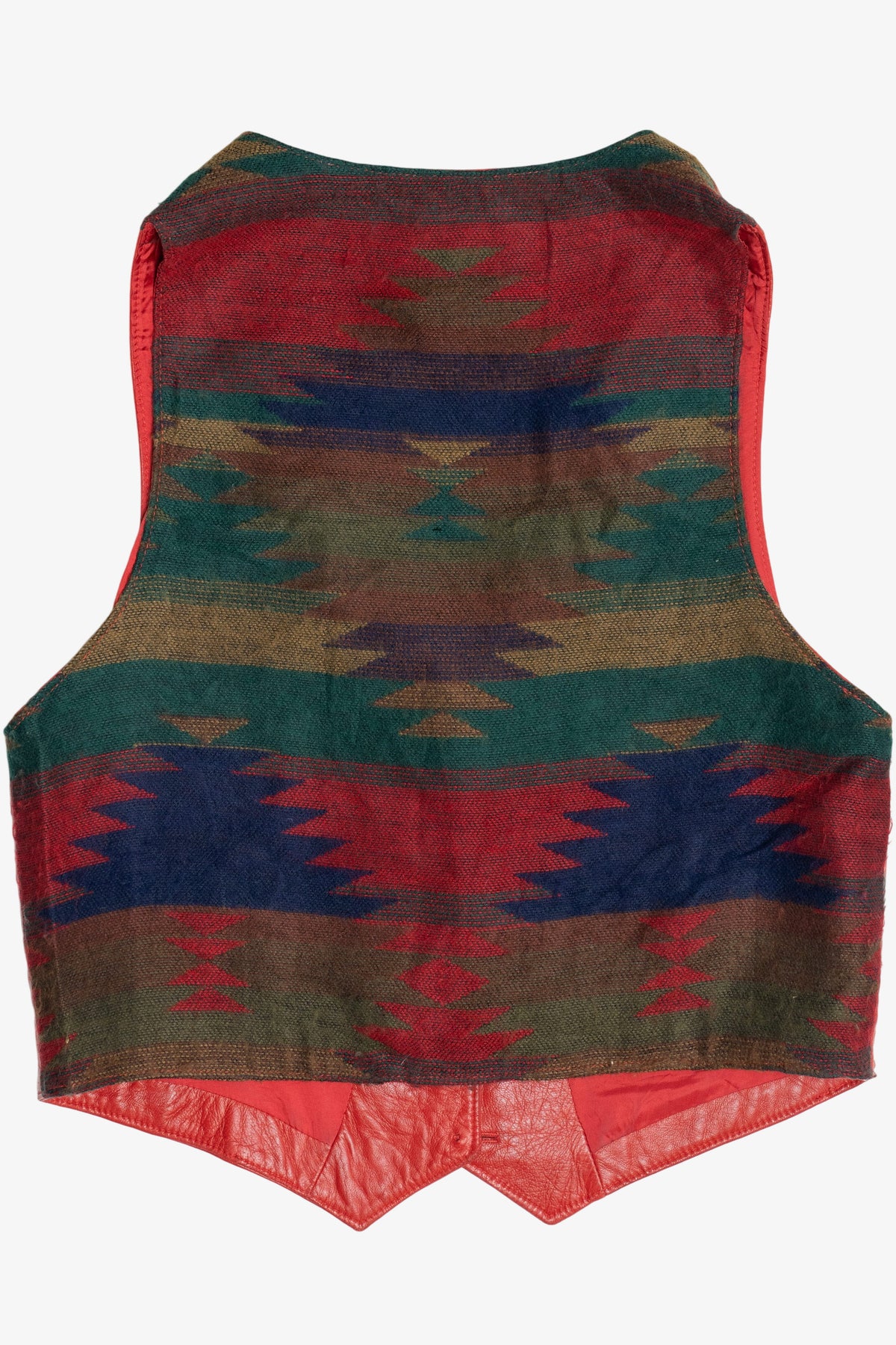 Vintage Sandi Holien Red Leather & Southwest Print Vest (1980s)