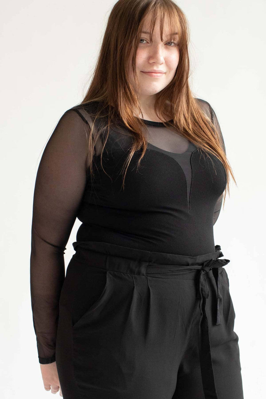 Sweetheart Outline Mesh Long Sleeve Bodysuit (Extended Sizes)