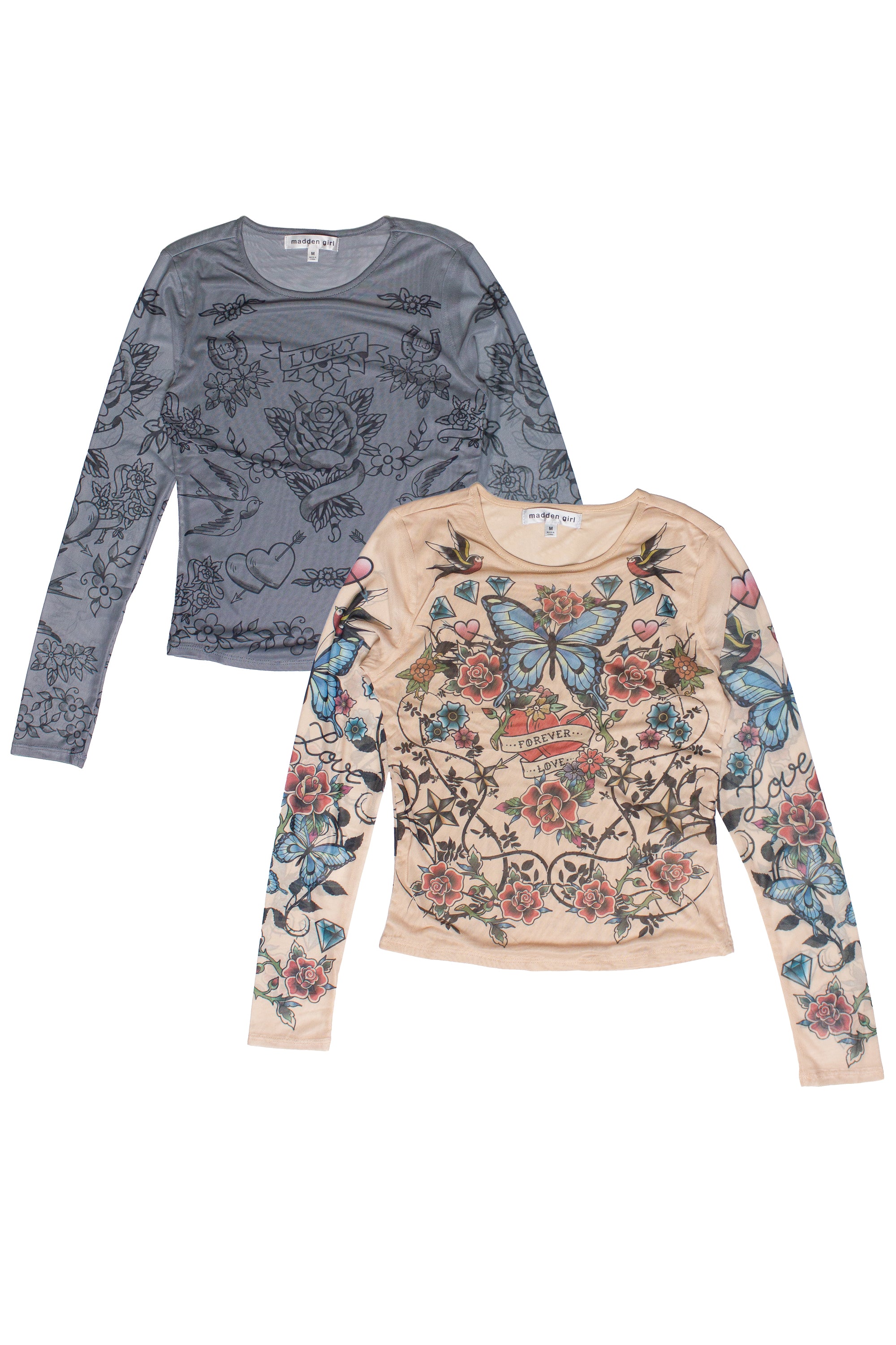 Tattoo Print Mesh Long Sleeve Tops