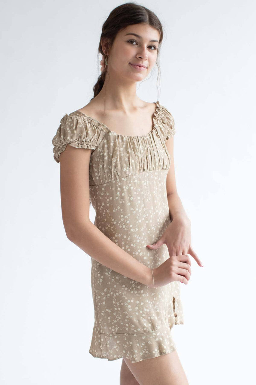 Taupe Ditsy Floral Milkmaid Dress
