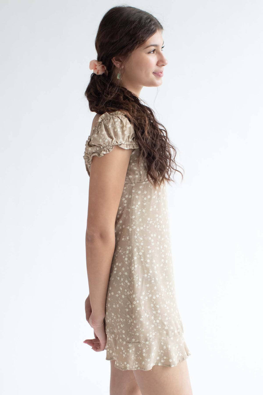 Taupe Ditsy Floral Milkmaid Dress