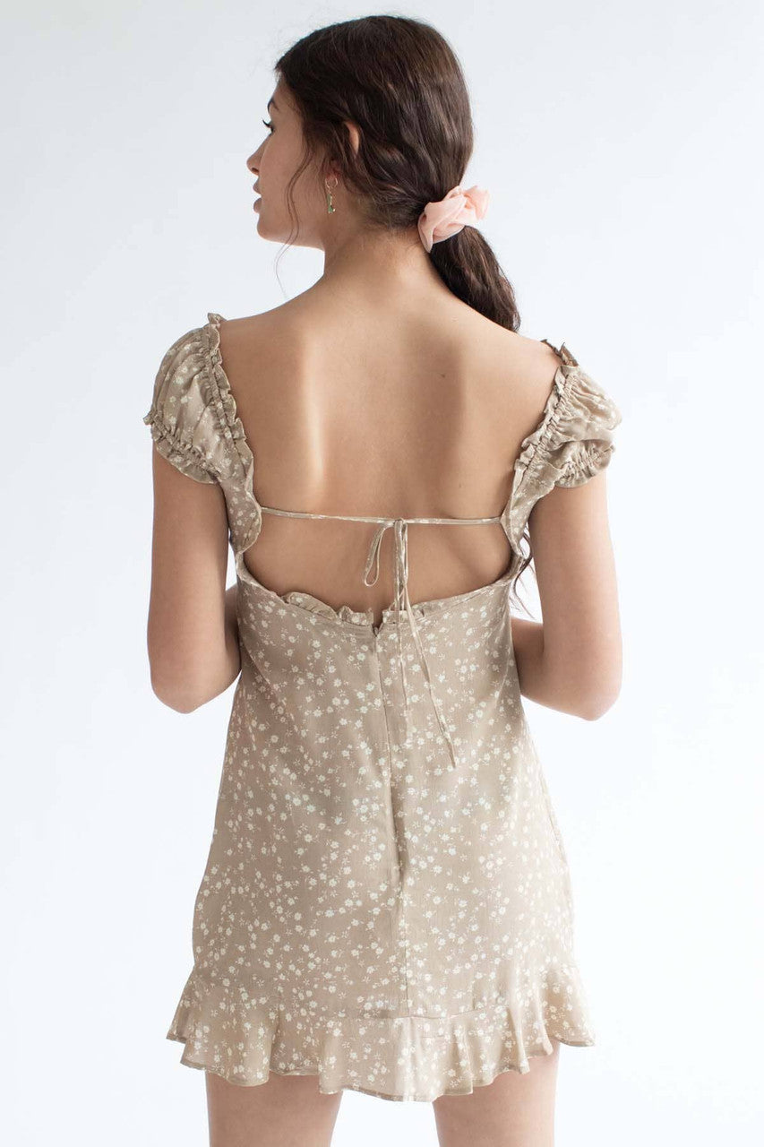 Taupe Ditsy Floral Milkmaid Dress