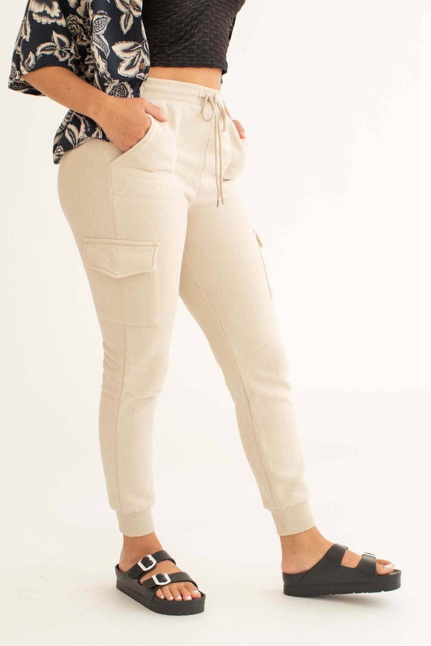 Taupe Fleece Cargo Joggers