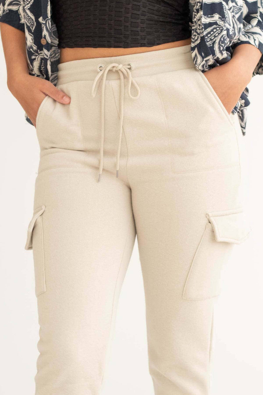 Taupe Fleece Cargo Joggers