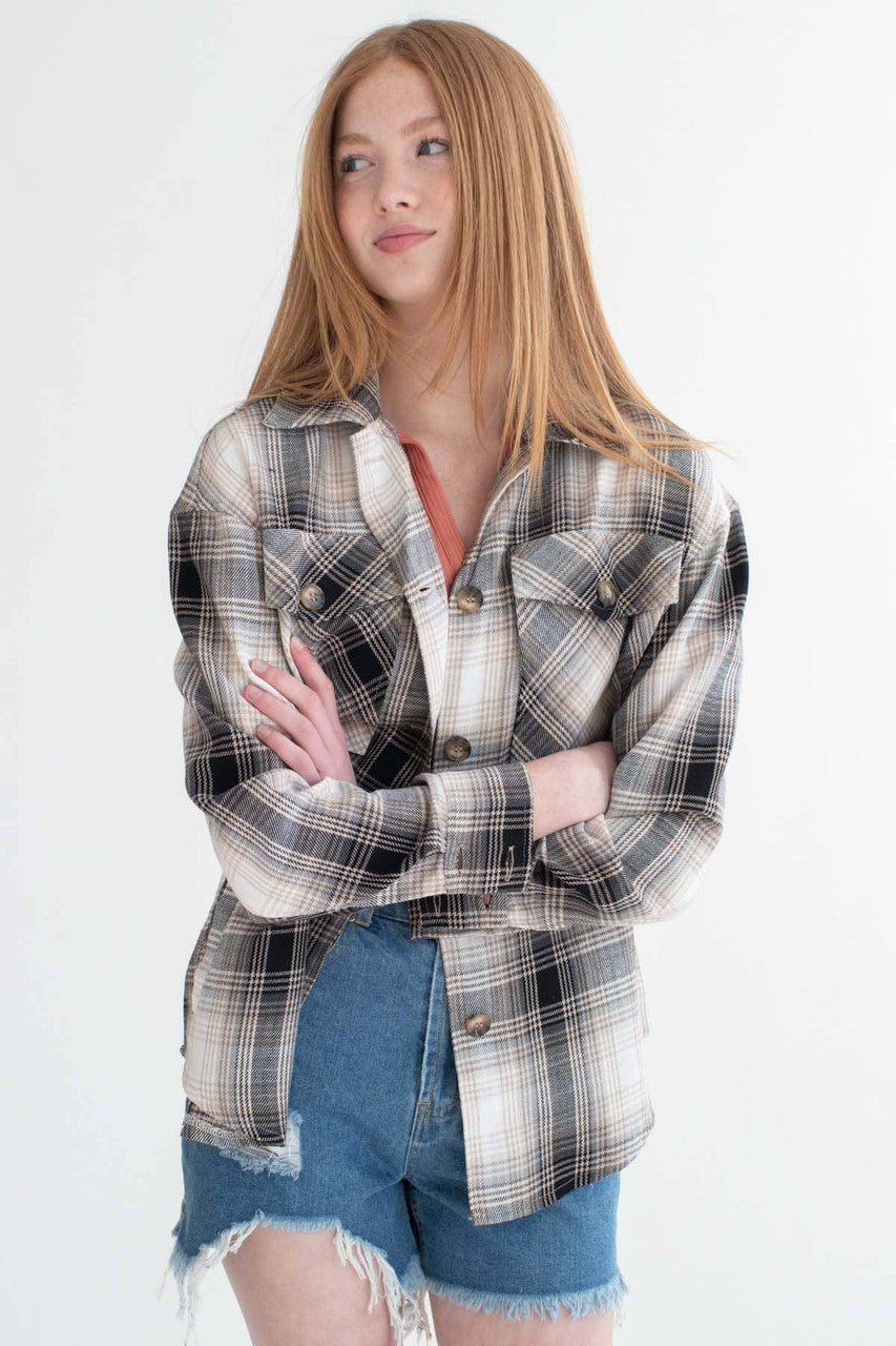 Taupe Linen Blend Plaid Shirt Jacket