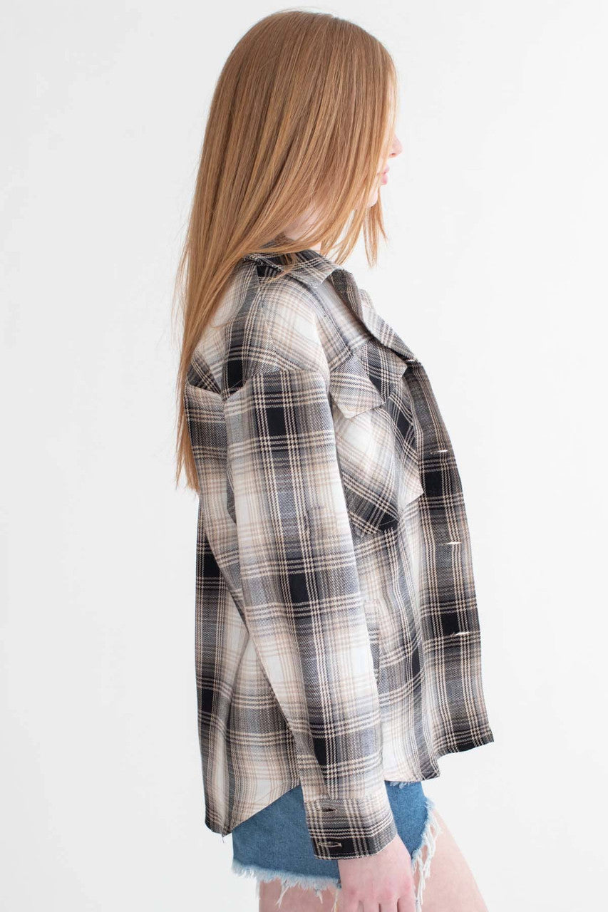 Taupe Linen Blend Plaid Shirt Jacket