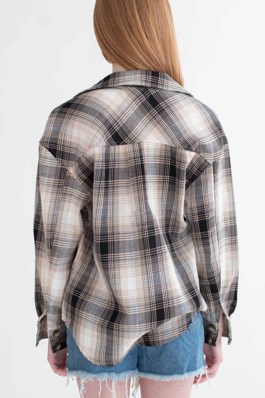 Taupe Linen Blend Plaid Shirt Jacket