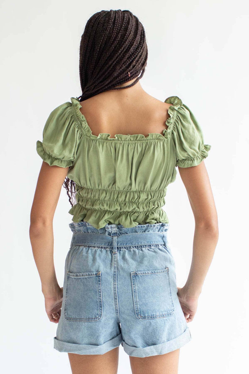 Tie Belt Paper Bag Waist Denim Shorts
