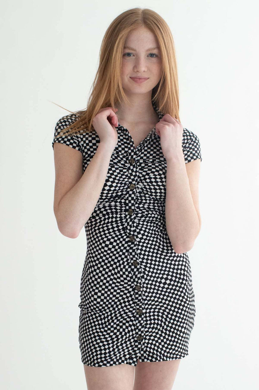 Tripping Checkers Ruched Shirt Dress