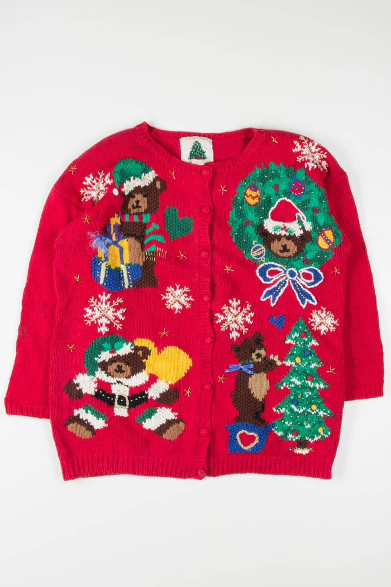 Red Cute Teddy Bears Christmas Cardigan 55262